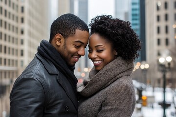 Obraz premium Happy Black Couple Walking in Chicago City. African American Boyfriend and Girlfriend Embracing