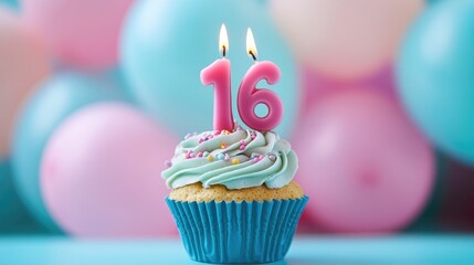 Happy Sweet 16. Colorful Birthday Card with 16 Number Candle on Cupcake, Balloons Background