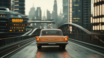 Fototapeta premium Vintage Ride into Tomorrow: A classic car cruises through a futuristic cityscape, bridging eras in a captivating blend of nostalgia and progress. 