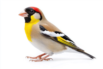Fototapeta premium Isolated goldfinch sitting on a perch against a white backdrop