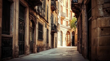 A vibrant city street lined with historic buildings featuring classical architecture, under a bright blue sky with fluffy clouds...