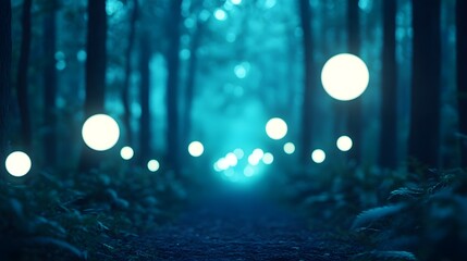 A forest with pink and blue trees and glowing orbs