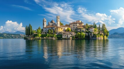 Fototapeta premium Novara Piedmont. Isola San Giulio (San Giulio Island) on Orta Lake with Abbey and Church in Italy