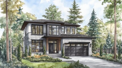 Minimalist Serenity: Watercolor Illustration of a Two-Story Home Isolated on White