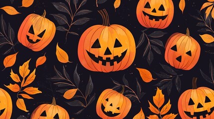 wallpaper pattern: halloween pumpkins and autumn leaves, halloween and thanksgiving concept
