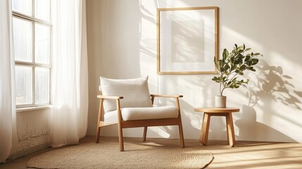 A bright, minimalist living room featuring a cozy wooden chair, small table with a plant, and warm natural sunlight...