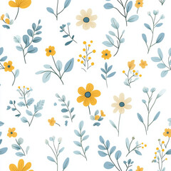 Seamless, Floral pattern, Hand-drawn flowers, Pastel colors, Minimalist design, Cute flowers, Soft colors, Simple drawing, White background, Negative space, Decorative design, Vector pattern