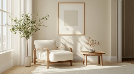 Fototapeta premium A bright, minimalist living room featuring a cozy wooden chair, small table with a plant, and warm natural sunlight...