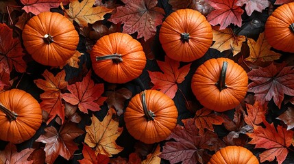 top view of pumpkins and autumn leaves, halloween and thanksgiving concept