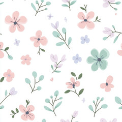 Fototapeta premium Seamless, Floral pattern, Hand-drawn flowers, Pastel colors, Minimalist design, Cute flowers, Soft colors, Simple drawing, White background, Negative space, Decorative design, Vector pattern