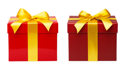 set of red gift box with gold ribbon isolated on transparent background cutout