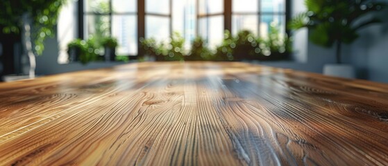 Wooden table in a bright, modern office, natural light enhancing the wood grain, clean and minimalist surroundings, lowangle closeup