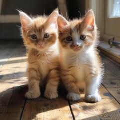 Obraz premium Orange and white kittens sitting together on a wooden floor, warm lighting highlighting their fur, eyelevel perspective, cute and cozy setting