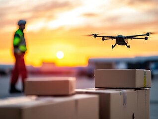 A delivery drone in action at sunset, showcasing innovative logistics and aerial technology in modern shipping solutions.