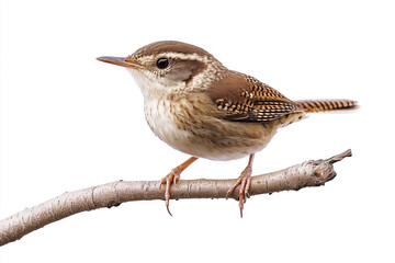 Fototapeta premium A wren sitting alone on a branch against a white background