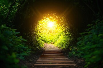 A serene pathway through a lush green tunnel, illuminated by a warm golden sunset, inviting exploration and tranquility.