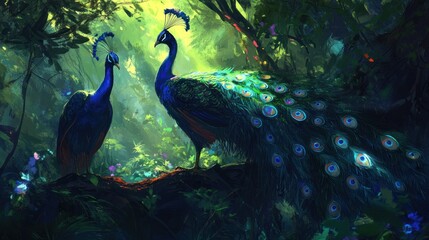 Fototapeta premium Peacocks in a Lush Forest