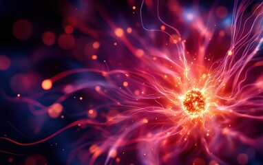 Fototapeta premium A vibrant illustration of an energetic particle surrounded by colorful light streams, creating a captivating abstract design.