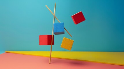 Cubes with stick with tendency to fall isolated on colorful background