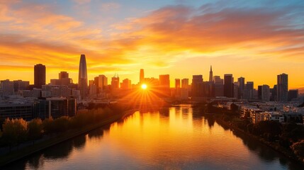 Obraz premium Stunning sunset over a city skyline, reflecting beautifully on the calm river below. Perfect for nature and city life themes.