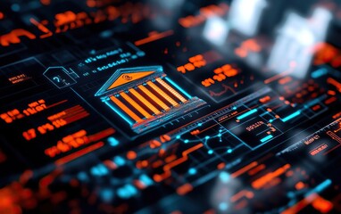 Obraz premium Futuristic digital interface featuring a bank symbol, representing finance technology and data security in modern banking systems.