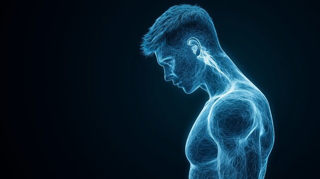 A man's body is shown in a blue and white color scheme. The image is a digital rendering of a man's body, with a focus on his chest and arms. Scene is one of strength and power