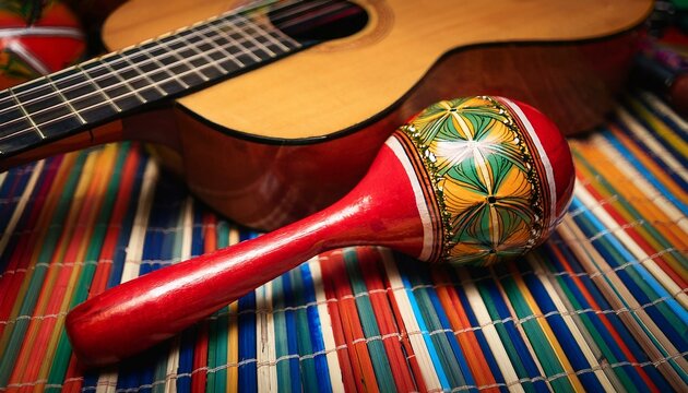 Set of cultural symbols Mexico. Sombrero, cactus, poncho, maracas, taco, pinata, guitar in Flat design