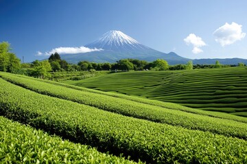 Fototapeta premium Matcha Fields. Tea Farming in Shizuoka, Japan with Mt. Fuji in the Background