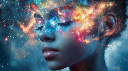 Obraz premium Galactic Gaze. Portrait with Universes Emanating from the Eyes