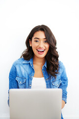Studio, portrait or excited woman on laptop for blogging surprise or winning streaming competition. White background, wow or happy blogger on technology for good news or social media notification
