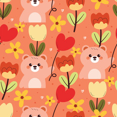 Fototapeta premium seamless pattern cartoon bear with floral. cute wallpaper for fabric print, gift wrap paper