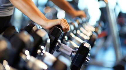 Naklejka premium Close-up shot of muscular arms lifting heavy dumbbells during a workout session in a gym, emphasizing strength and fitness..