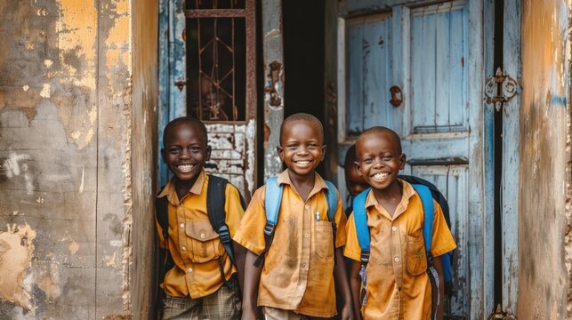 Smiling children wearing new school shirts and backpacks Walking out of the house to go to school - Powered by Adobe