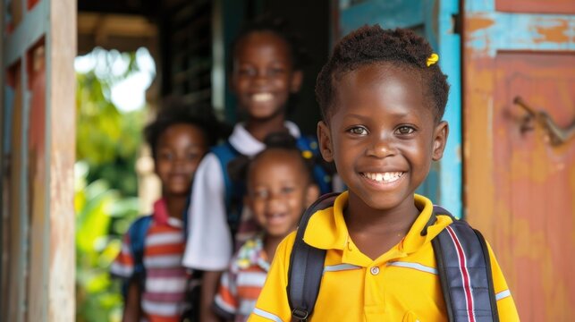 Smiling children wearing new school shirts and backpacks Walking out of the house to go to school - Powered by Adobe
