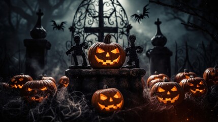 spider webs on Jack O' Lanterns in a cemetery, adding to the spooky atmosphere.