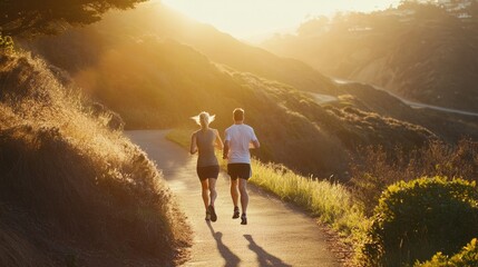Obraz premium A couple jogs along a scenic trail during sunrise, enjoying an early morning workout in a natural outdoor setting..
