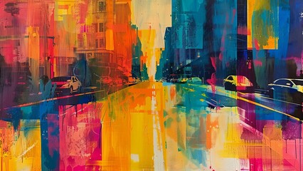 Colorful abstract art of urban life at dusk