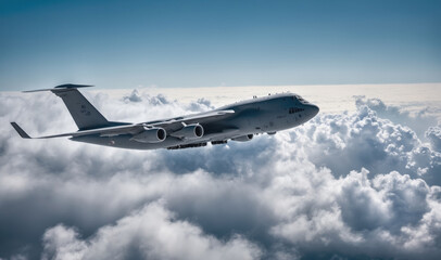 Obraz premium A large cargo plane flies above the clouds on a sunny day