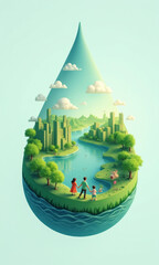 Envision a water droplet shape where the bottom half represents the Earth, and the upper half symbolizes a world powered by green energy, epitomizing environmental friendliness and sustainability.
