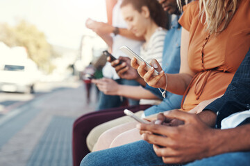 Station, cellphone and waiting for bus, hands and travel of people in morning, online and New York....