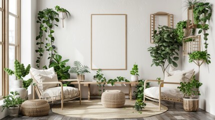 Fototapeta premium farmhouse interior living room, empty wall mockup in white room with wooden furniture and lots of green plants, 3d render