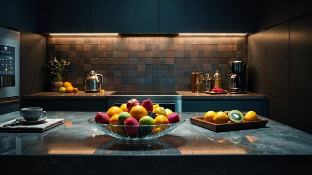 Video footage of modern kitchen countertop at night, illuminated by under cabinet lighting that creates a warm and inviting ambiance