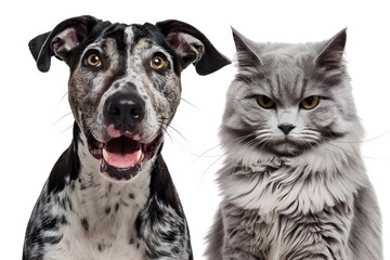 Obraz premium Playful dog beside focused cat, contrasting expressions