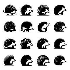 Hedgehog Silhouettes. A Set of 16  Black and White Illustrations