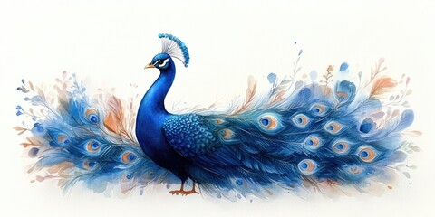 Watercolor Painting of a Peacock with Spread Feathers