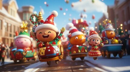 Obraz premium Adorable cartoon characters in festive attire joyfully celebrate Christmas in a snow-covered village, surrounded by holiday decorations and twinkling lights..