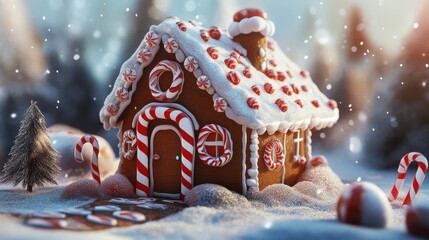 A charming gingerbread house adorned with candy canes and peppermint decorations, set in a snowy landscape, evoking the warmth and joy of the holiday season..