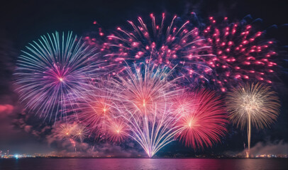 Obraz premium A fireworks display is lit up in the night sky, with the colors of red, blue