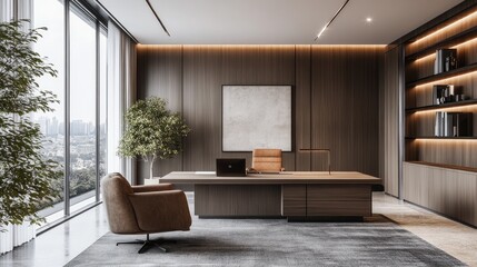 A luxurious executive office design in a 3D rendering, featuring polished wooden furniture, a large window, and a minimalist aesthetic. The office space is designed for both comfort and productivity.