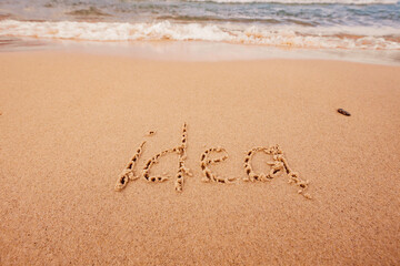 the inscription Idea on the seashore with palm trees